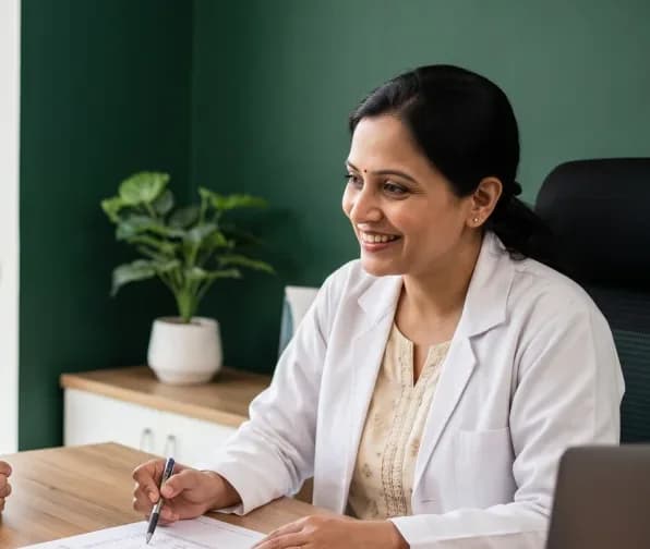 Doctor writing up a report at her desk