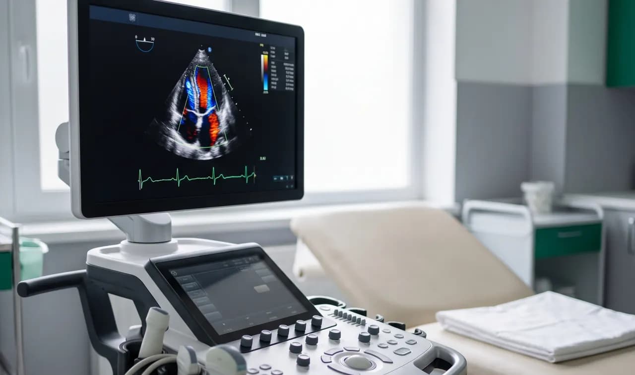 2D echo machine beside an examination bed, showing a heart scan