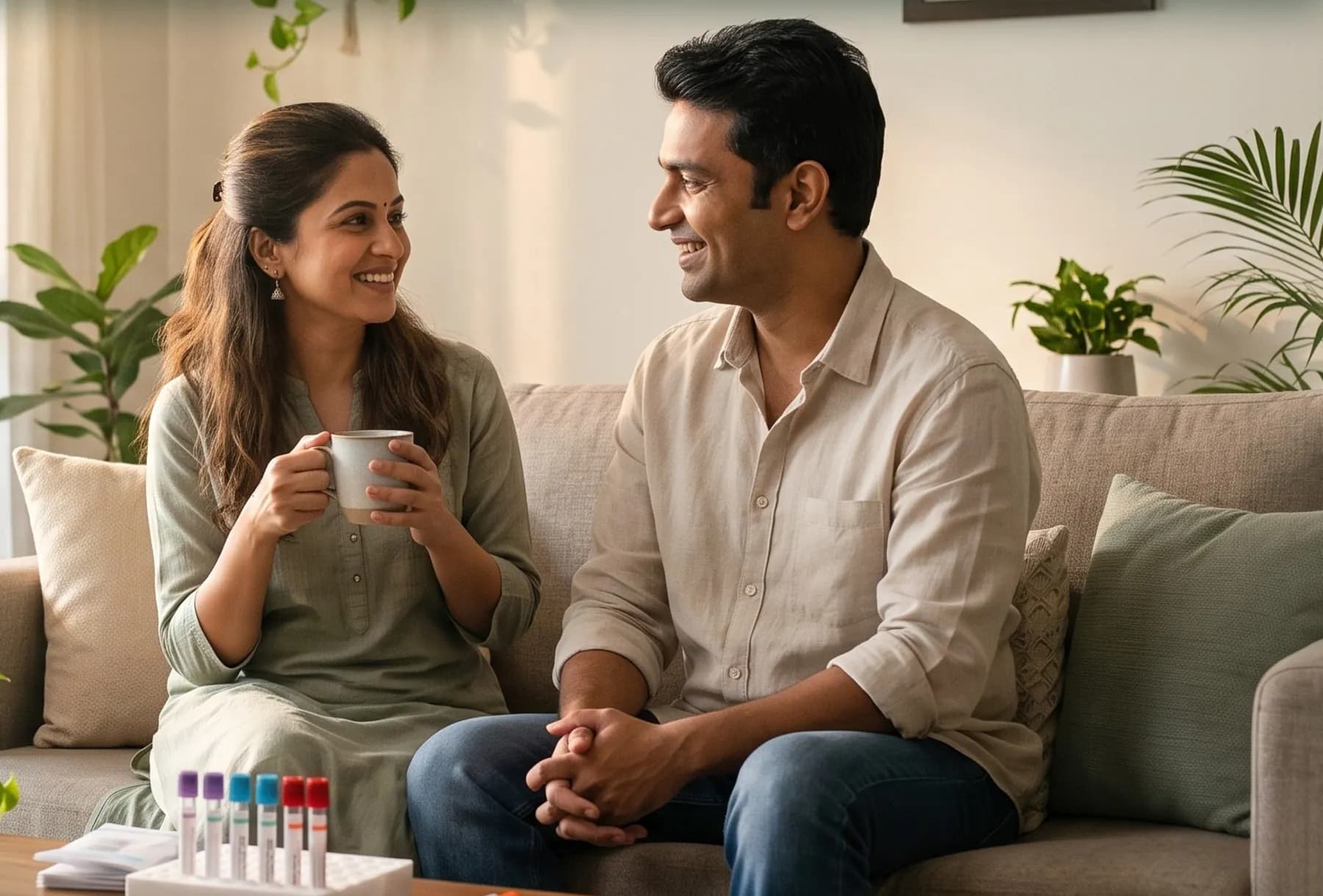A couple relaxing at home, with sample tubes from their health checkup on the table
