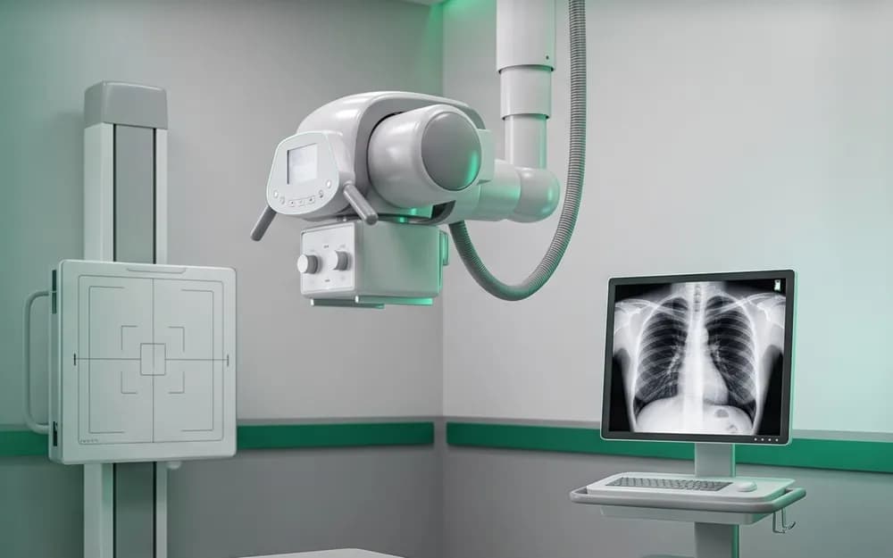 Digital X-ray machine beside a monitor showing a chest X-ray
