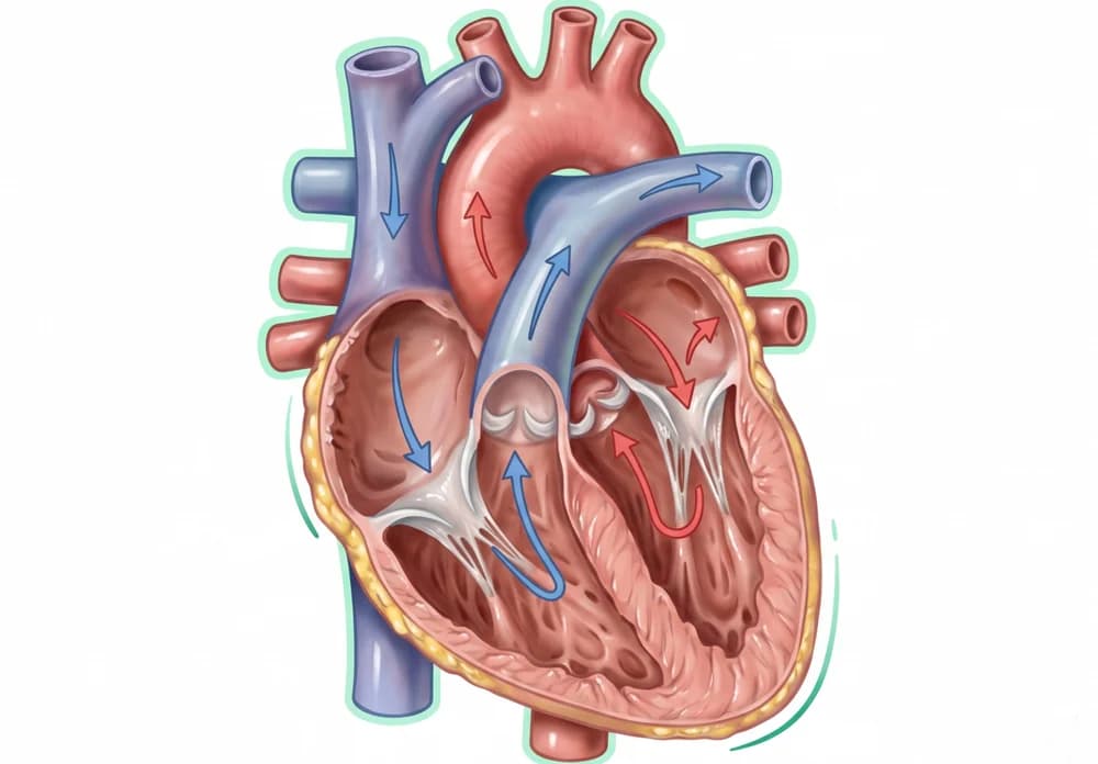 Cross-section of the heart showing its chambers, valves and blood flow