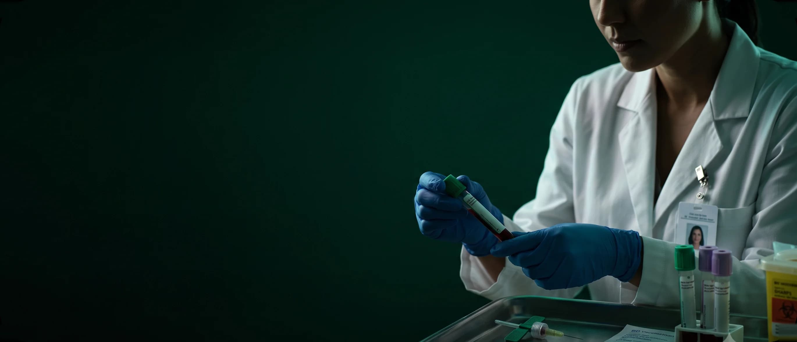 Lab technician holding a blood sample tube at Simira Diagnostics