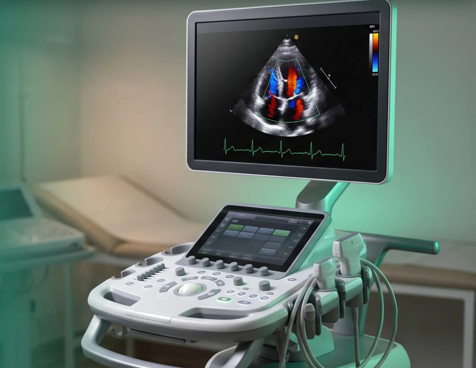 Echocardiography machine showing a colour Doppler image of the heart