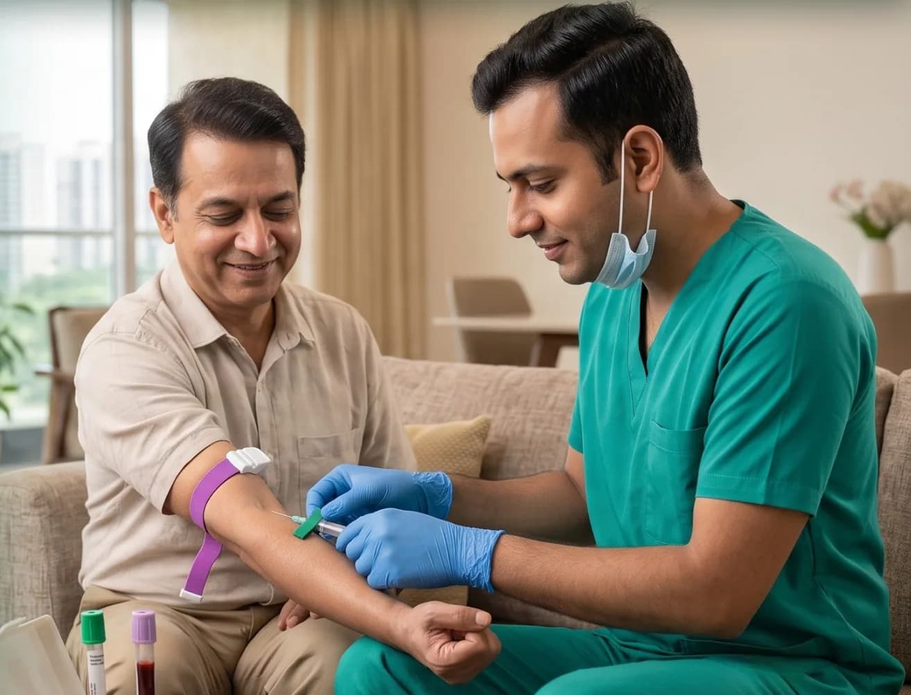 Phlebotomist collecting a blood sample from a man at his home