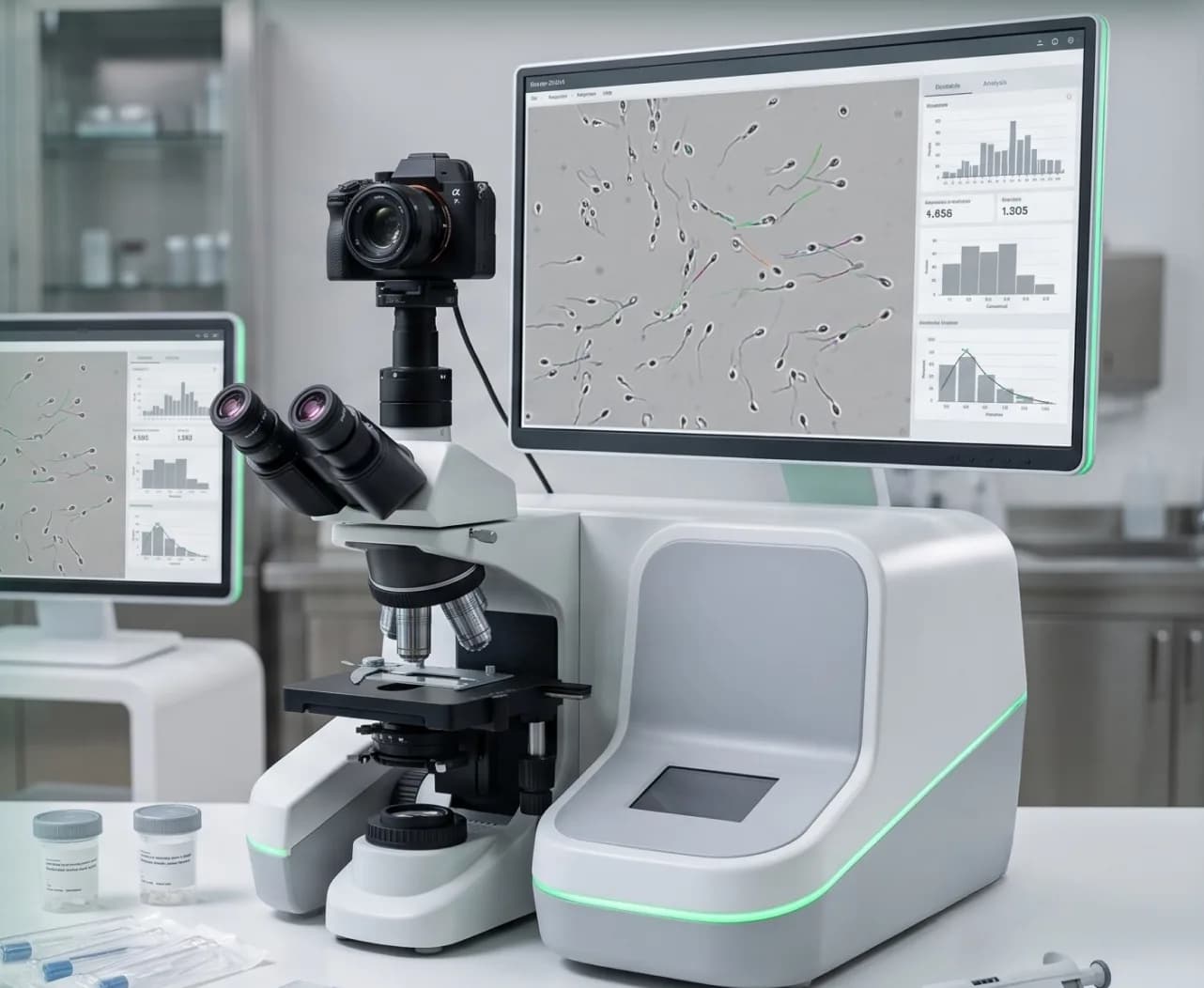 Semen analysis workstation: a microscope with a camera beside an automated analyser, with sperm on the monitor