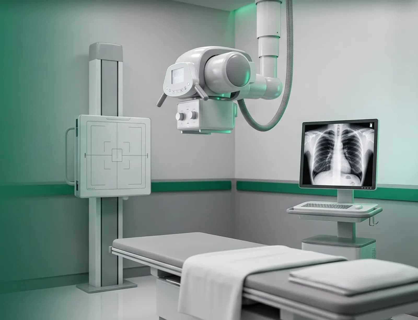 Digital X-ray room: the X-ray tube over an examination bed, with a chest X-ray on the monitor