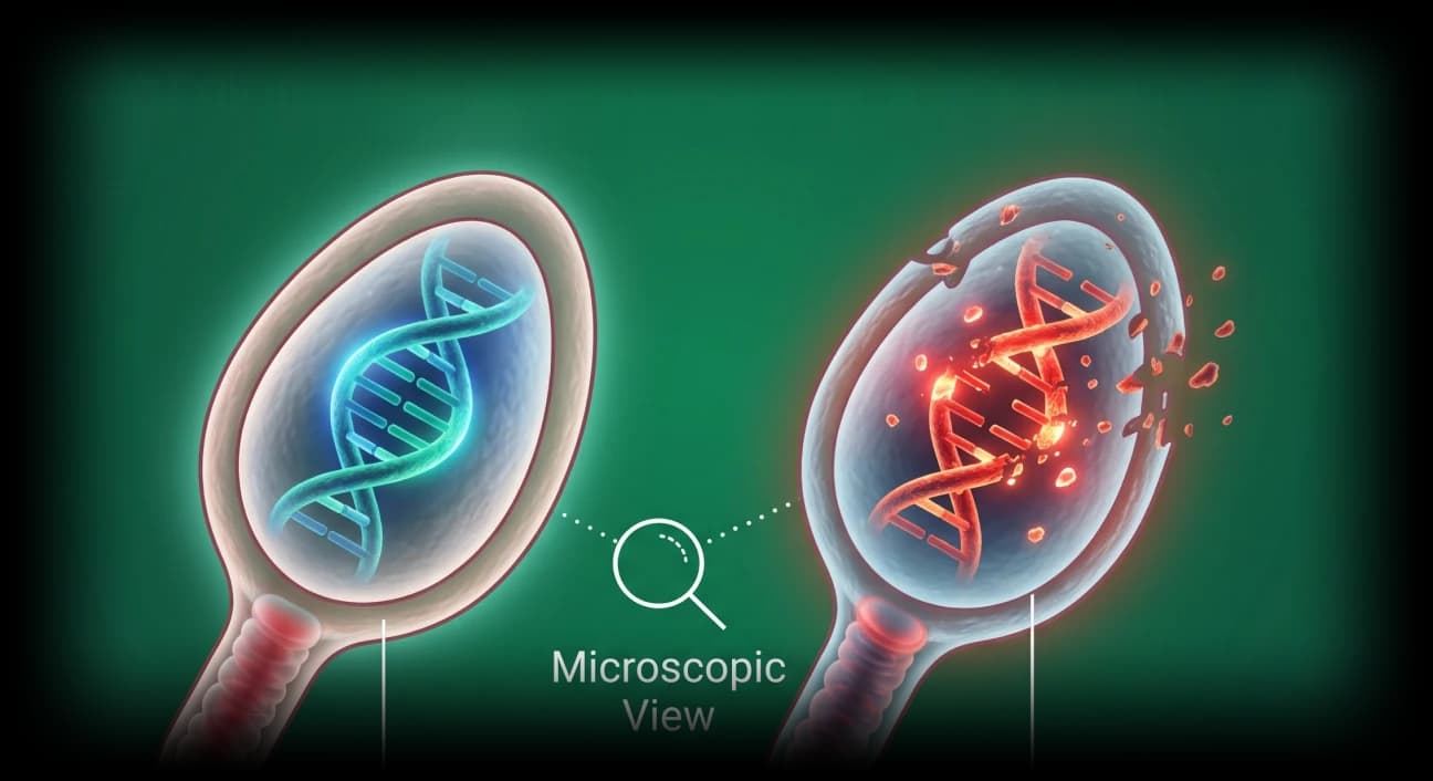 Two sperm seen under the microscope: one with an intact DNA strand, one whose DNA strand is breaking apart